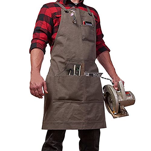 WMLBK Canvas Apron for Men, Heavy Duty Work Apron with Pockets, Cross-Back Design Tool Apron for Welding, Gardening, Woodworking, Kitchen, Pottery, Workshop, Carpenters (Brown)