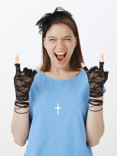 80s Fancy Dress Costume Accessories Lace Headband Earrings Fishnet Gloves Necklace Bracelet for 80s Retro Party (Style A)