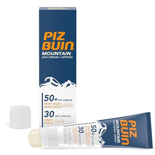 PIZ BUIN Mountain 2-in-1 Sonnencreme LSF 50+ 20 ml und Lippenpflege LSF 30 2,3 ml, feuchtigkeitsspendender Sonnenschutz speziell fürs Skifahren und Wandern, schützt vor Wind und Kälte