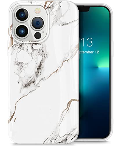GVIEWIN Compatible con iPhone 13 Pro funda 6,1 pulgadas 2021 5G, mármol ultrafino, brillante, suave TPU antigolpes, funda protectora (blanco/dorado) Cover