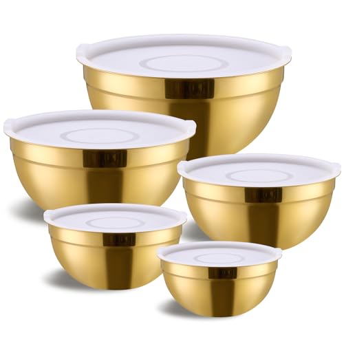 Moxinox Gold Mixing Bowls with Airtight Lids, Stainless Steel Nesting Mixing Bowls Set of 5, Ideal for Baking, Prepping and Serving Food, Size 5.5, 3.6, 2.7, 2.1, 1.5, QT, Stackable Design
