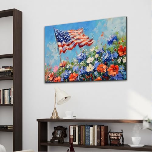 Image of Framed 4th of July Fireworks Wall Art, Patriotic USA Canvas Art Pictures, American Flag Wall Decor, Made in USA Ready to Hang for Living Room Bar Patio