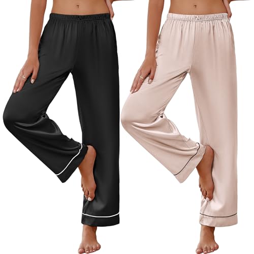 Ekouaer 2 Pack Women Silk Satin Pajamas Pants Wide Leg Comfy Lounge Pants Loose Elastic Waist Pj Bottoms with Pockets