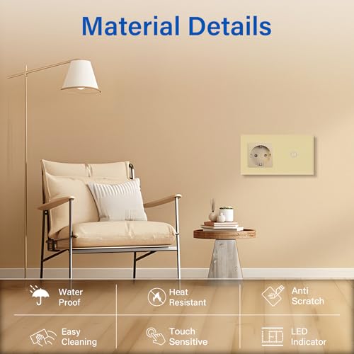 BSEED Steckdose mit Lichtschalter,Glas Touch Lichtschalter Unterputz Schalter,Schuko Steckdose mit 1 Fach 1 Wege Wandschalter Gold(Nicht Smart Schalter)