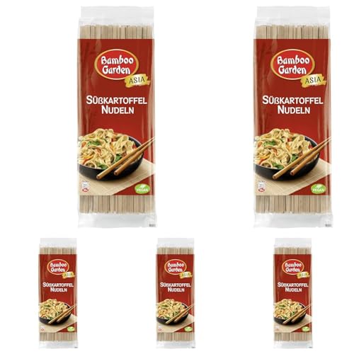 Bamboo Garden - Süßkartoffel Nudeln | Breite Nudeln mit einer feinen Note von Süßkartoffel | Ideal für würzige Saucen, pikante Wok-Gerichte | Schnell zubereitet | 250 g im Beutel (Packung mit 5)