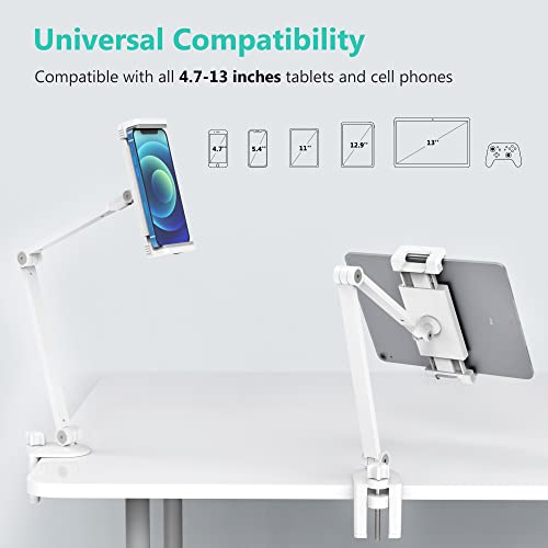 Image of iPad Desk Mount, Adjustable Tablet Holder Clamp, 360 degree Rotation, Sturdy Aluminum Tablet Arm Mount for 4.7 inch-13 inch iPad Pro /Air /Mini, iPhone, Galaxy Tab, for Kitchen, Work, Video Call(White)