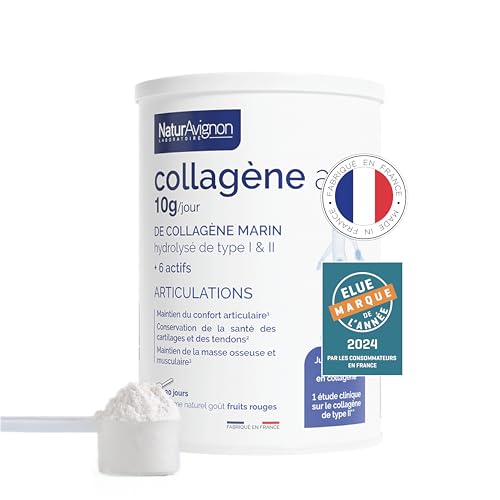 Laboratoire NaturAvignon Collagene Marin hydrolysé type 1 et 2 en poudre | Articulations, os, cartilages | 10g collagène marin par portion | Saveur fruit rouge | Fabriqué en France | 375g