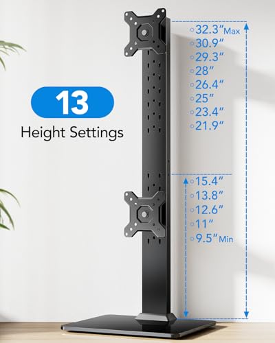 Image of HUANUO Dual Monitor Stand for 13 to 34 Inch, Max Load 44 lbs, Vertical Monitor Mount, Freestanding Monitor Riser with Swivel, Tilt, Rotation, 13 Height Settings, Max VESA 100x100