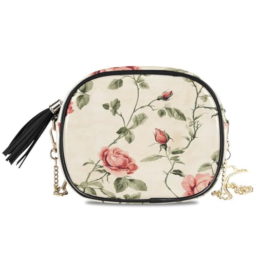 ALAZA Women's Cute Rose Spring Floral -tile PU Leather Crossbody Bag Shoulder Purse with Tassel