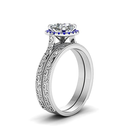 Image of Choose Your Gemstone Hand Engraved Halo Cushion Wedding Ring 925 Sterling Silver Cushion Shape Wedding Ring Sets Matching Jewelry Wedding Jewelry Easy to Wear Gifts US Size 4 to 12