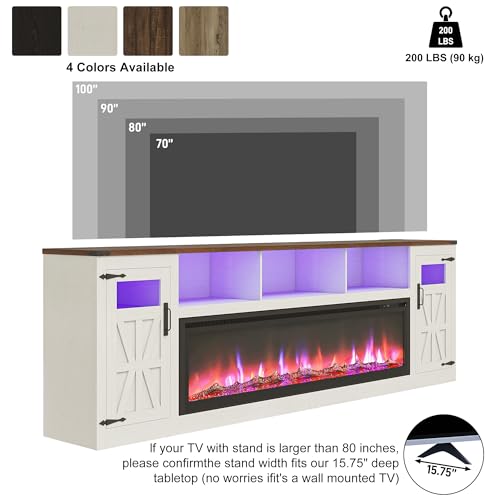 Image of Fireplace TV Stand for 100 Inch TV, 95 inch Farmhouse Entertainment Center with 60 inch Electric Fireplace & LED Lights, Large Media Console for Living Room, Rustic Barn Doors, Power Outlets, Antique White
