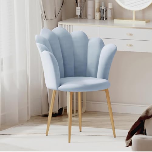 Armchair Tub Chair Velvet Vanity Chair Shell Accent Chairs with Gold Plating Metal Legs Leisure Single Sofa Dressing Chairs for Home Office Bedroom Living Room Dining Room Light Blue