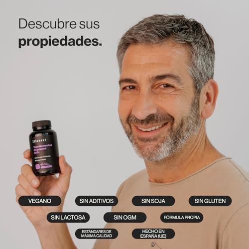 Hombre mostrando el frasco de Trans-Resveratrol y NAD+ Liposomal, destacando las propiedades del producto como vegano, sin aditivos y hecho en España.