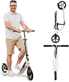 Hudora 230 Adult Scooters Folding Height Adjustable Kick Scooters, Scooter for Adults Supports Up to 265 lbs, Aluminum Commuter Scooter for Teens Outdoor Use (White)