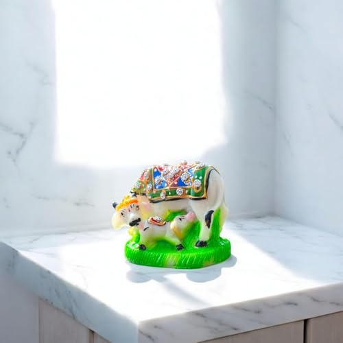 Image of Kamdhenu Cow and Calf Idol for Home Decor | Marble Finish Gau MATA Murti | Vastu Showpiece for Home Temple Pooja Room Office Desk | Spiritual Religious Gift | Housewarming Diwali Decor | Multicolor