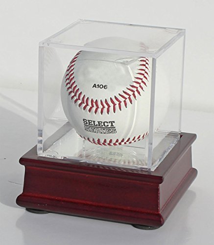DisplayGifts Baseball Display Case Wooden Lacrosse Ball Stand - 98% UV High Protection All-Sides Closure Cube for a Home Run or Autographed Ball Cherry Finish Bottom