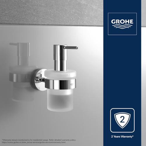 Image of Grohe Essentials Soap Dispenser for Wash Basin | Wall Mounted | 160ml Liquid Soap or Lotion Dispenser | Glass & Metal Construction | 2 Year Warranty | Chrome Finish | 40394001