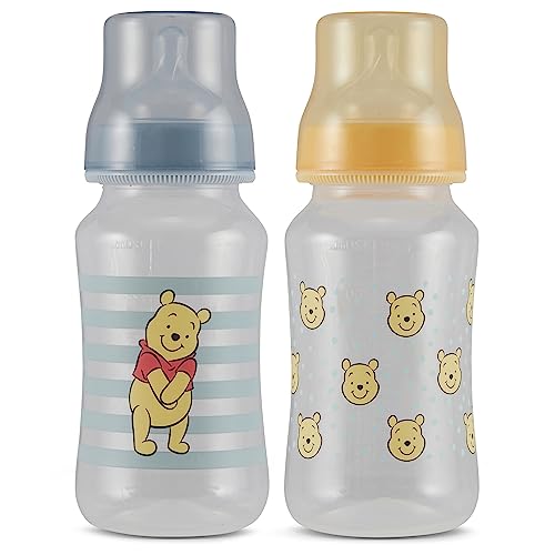 Image of Disney Winnie The Pooh Baby Bottles 11 oz for Boys or Girls | 2 Pack of Infant Hourglass Shaped Bottles with Cover for Newborns and All Babies | BPA-Free Plastic Baby Bottle for Baby Shower