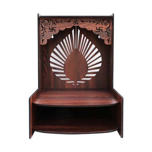 Image of Olive Tree Ethnic Wooden Pooja Mandir for Home Handcrafted Puja Stand | Wall Mounted with LED Spot Light | Mandapam, Pooja Ghar, Temple Office Decor - Walnut Size 12X12X16 Inch 1009