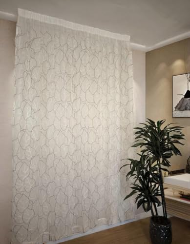 Cortina visillo transparente con bordado gris y blanco, cinta fruncidora, ideal para salón o dormitorio. Compatible con rieles de 140/170 cm, altura ajustable 180-279 cm. Medida: 280 x 255 cm.