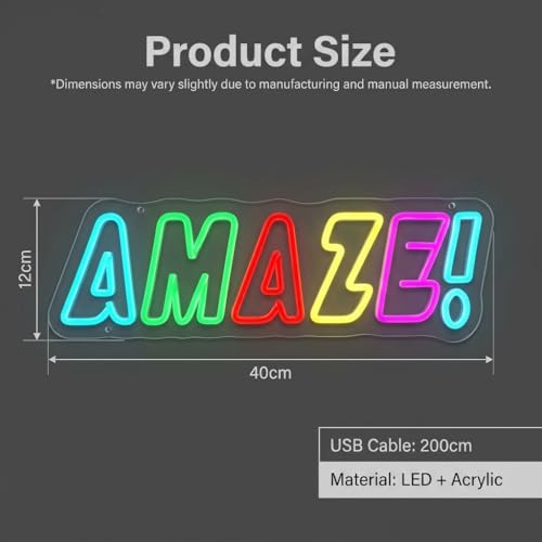 Image of AMAZE! Neon Sign, Rainbow LED, Multi-Color, 16.5x5.4 inchIN | Classroom Neon Sign ,USB Powered, Gamer Room Decor, Sci-Fi Fan Decor, Wall Art