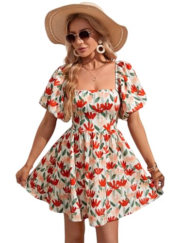 Image of Aahwan Multicolor Solid Boho Bohemian Vacation Floral Flower Print Square Neck Puff Sleeve Elegant Dress for Women's & Girl's