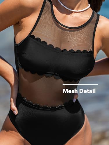 CUPSHE Women's One Piece Swimsuit High Neck Mesh Bathing Suit Cutout Back Tie Scalloped Wide Straps4