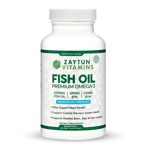 Zaytun Halal Fish Oil 1200mg Omega-3 Premium EPA/DHA One Per Day Daily Wellness Support 4 Months Supply Lemon Flavor Keto Friendly Gluten Free