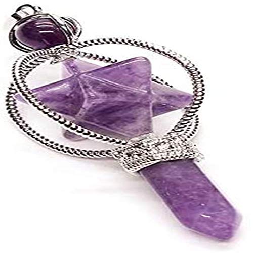 SEKDAQ Cuentas de Cristal de Plata Cuarzo Giratorio Merkaba símbolo radiestesia cetro curativo Colgante de péndulo (amatistas púrpuras)