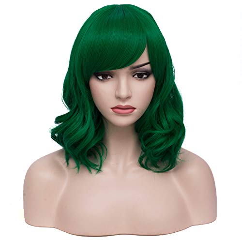 BERON Women's Short Green Wavy Bob Wig Curly Wig with Bangs Halloween Cosplay Wig Daily Use Synthetic Wigs (Fruit Green)