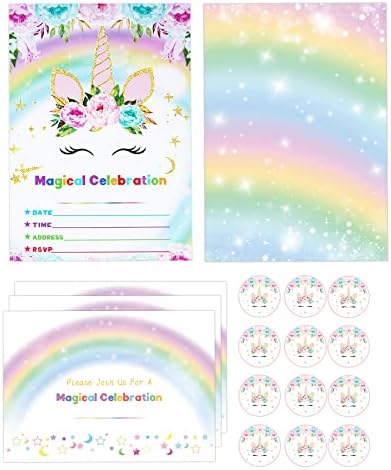 Supreona 24 Pack Thick Golden Glitter Unicorn Invitations With 24 Envelopes And 24 Stickers Rainbow Party Birthday Invitation Cards For Girls, Baby Shower, Party Invites Supplies Set