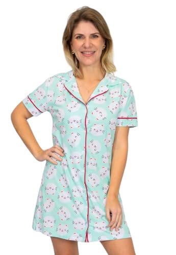 Camisola Algodão Feminina Americana Manga Curta com Botões Adulto indicado Gestante Amamentação e Pós cirúgico – Gatinhos Verde (Verde, G)