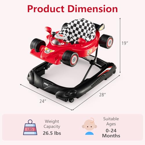 Image of INFANS Foldable Baby Walker, 3 in 1 Toddler Activity Center Leaning-Seated Walk-Behind with Steering Wheel, Adjustable Height, Lights, Music, Washable Seat Cushion (Red)