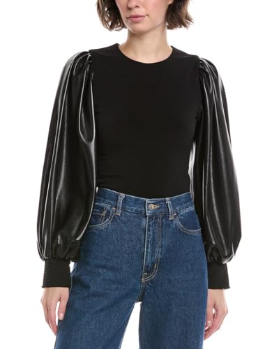 alice + olivia Latoria Crewneck Top w/Vegan Leather Sleeve
