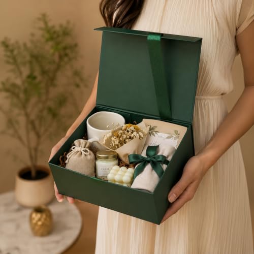 Image of Kura by Ekhasa Foldable Large Multipurpose Gift Hamper Box (21.5 x 21 x 9.5 cm) with Magnetic Closure & Ribbon | Green Rigid Cardboard Empty Reusable Packing Box | Birthday, Wedding & Festive Gifting