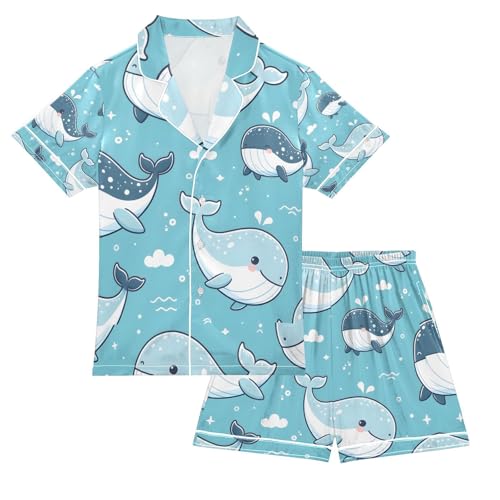 senya Cute Whale Swimming Satin Summer Pajama Sets Silk Short Sleeve Button Down Sleepwear