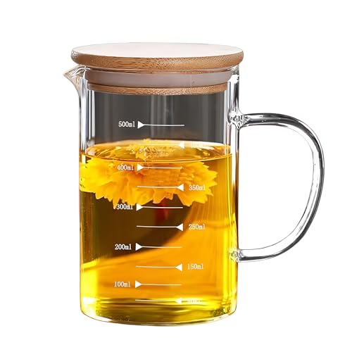 Vaso medidor de vidrio con escala para mediciones precisas, diseño con boquilla en V, tapa incluida, resistente al calor y apto para microondas, ideal para hornear (500 ml)