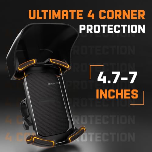 Image of Amkette iGrip Secure X2 Mobile Holder for Bike & Scooty with Handlebar Mount, One Press Lock & Unlock, Built in Sunshade, Anti Slip Silicone Grip, 4 Corner Clamping, Compatible with 4.7 inch-7 inch Smartphone