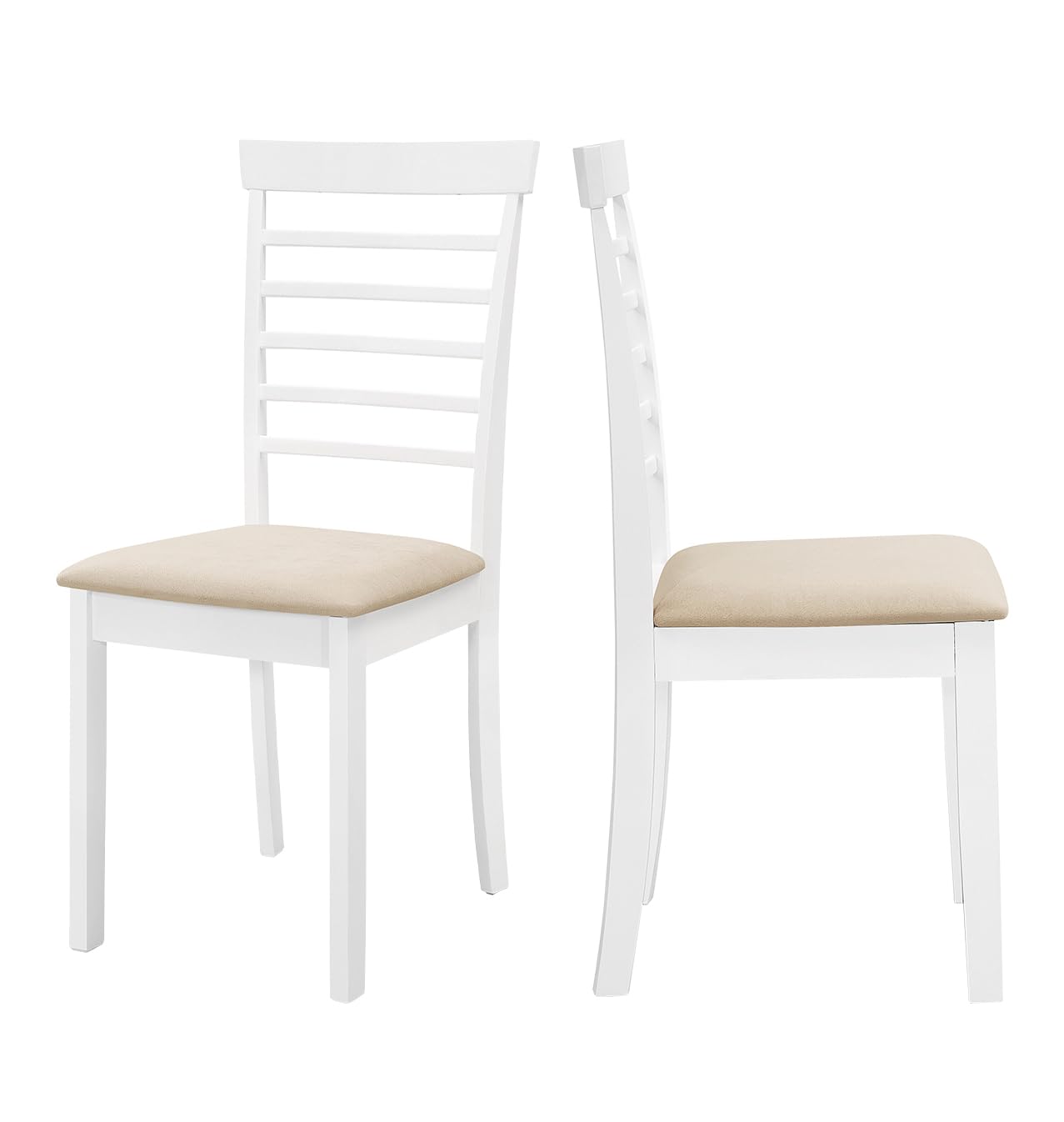 Hallowood Furniture Ledbury White Painted Dining Chairs Set of 2 with Fabric Seat Pad in Warm Cream, Modern Solid Wooden Kitchen Chairs with Ladder Back Design for Home, Restaurant and Café
