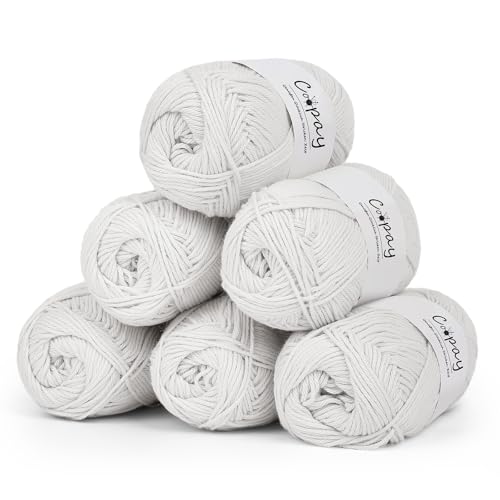 Coopay Ovillo de lana para ganchillo, 100% algodón para tejer, 6 x 50 g, hilo de algodón suave para ganchillo, lana de bebé para suéteres, calcetines, mantas de bebé, color blanco suave