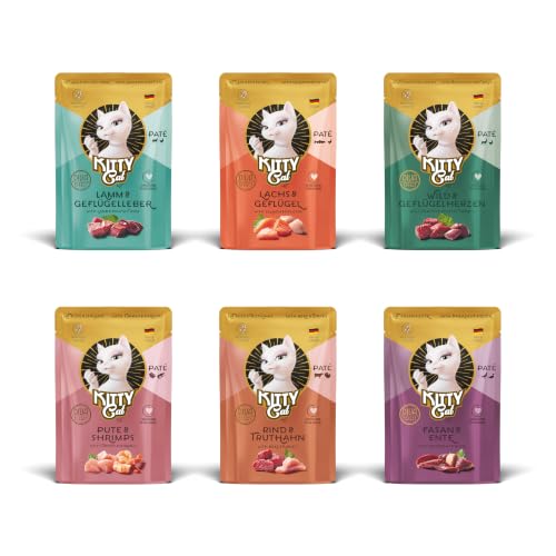 KITTY Cat Paté Mix 2, 6 x 85 g, Nassfutter für Katzen im Probierpaket, getreidefreies Katzenfutter mit Taurin, Lachsöl und Grünlippmuschel, Alleinfuttermittel mit hohem Fleischanteil, Made in Germany