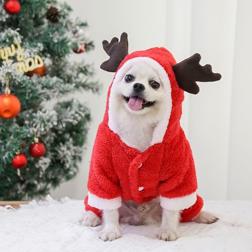 ペット 服 猫 犬 着ぐるみ 犬の服 トナカイ サンタ ハロウィン クリスマス フード付き ゆったり コスチューム コスプレ 面白い 人気 柔らか 暖かい かわいい 防寒 洋服 小型 中型犬服 記念 撮影 年賀状 秋 冬 春 (レッド, 2XL(胸周り55