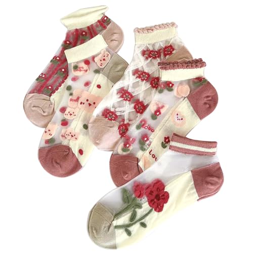 Image of Womens Girls Nylon Socks Sheer Summer Transparent Ankle Socks Mesh Thin Novelty Socks Red Flower, Floral-rosy
