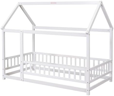 Miniatura 36 de Cama de suelo de tamaño matrimonial con valla para niños pequeños, cama Montessori con techo de casa, marco de cama de piso de madera matrimonial