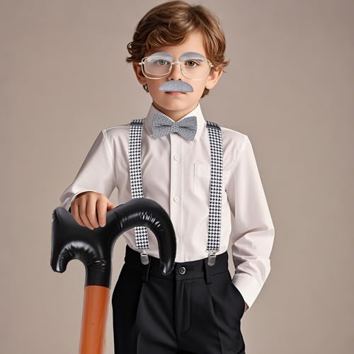 Dxhycc Kids Old Man Costume Grandpa Dress Up Accessories Glasses Suspenders Bow Tie Inflatable Cane Moustache and Eyebrows Set