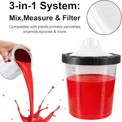 Image of Paint Spray Gun Disposable Cups System, 650ml (22oz) Automotive Paint Mixing Kit with 45 Lids & Liners, 125 Micron Filter, Hard Cup, Plugs for HVLP & LVLP Automotive Spray Guns