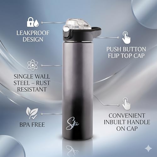 Image of SKi Homeware Stainless Steel Sipper Water Bottle 750ml with Push Button Flip-Top Cap for School, Office, Gym, Travel, Adults & Teens, Leakproof, Rust Free, Dual Colour Grey Gradient (Marco-Grey)