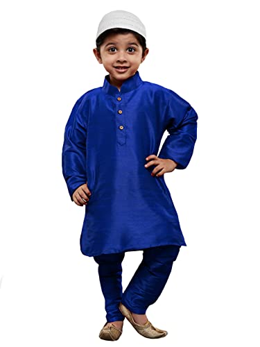 Image of VASTRAMAY Boys' Blue Silk Blend Kurta Pyjama Set with Muslim Prayer Cap & Full-Length Slip-On Pyjama with Elastic Waistband - Ethnic Wear for Eid