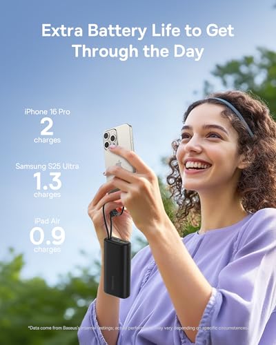Image of Baseus Mini Power Bank Fast Charging 67W, 10000mAh Small Portable Phone Charger Built-in Dual USB C Braided Cable, Travel Essential Battery Pack for iPhone 17 /16 /15, iPad, Samsung Galaxy S25 /S24 etc.