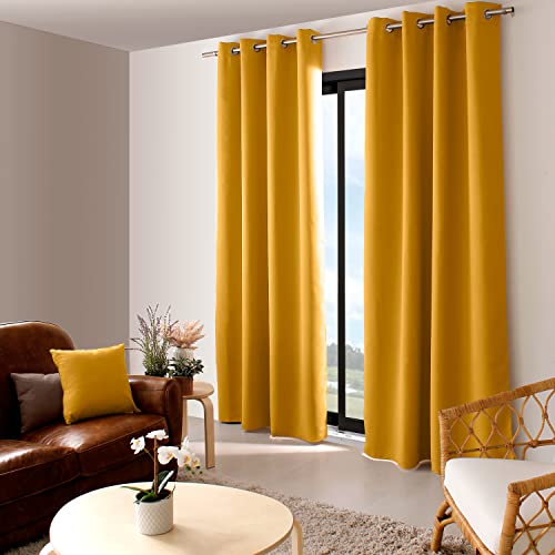 Enjoy Home, Rideau Occultant avec 8 Œillets en Métal Chromé diam 4 cm, 100 % Polyester, 140x240 cm, Tissu certifié Oeko Tex, Prêt à Poser, Facile d'entretien, Collection Basic, Coloris Moutarde Cover